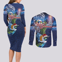 New Zealand Merry Christmas Couples Matching Long Sleeve Bodycon Dress and Long Sleeve Button Shirt Maori Tribal Pattern with Xmas Tui Bird LT03 - Polynesian Pride