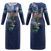 New Zealand Merry Christmas Couples Matching Long Sleeve Bodycon Dress and Long Sleeve Button Shirt Maori Tribal Pattern with Xmas Tui Bird LT03 - Polynesian Pride