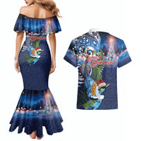 New Zealand Merry Christmas Couples Matching Mermaid Dress and Hawaiian Shirt Maori Tribal Pattern with Xmas Tui Bird LT03 - Polynesian Pride