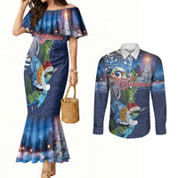 New Zealand Merry Christmas Couples Matching Mermaid Dress and Long Sleeve Button Shirt Maori Tribal Pattern with Xmas Tui Bird LT03 Multicolor - Polynesian Pride