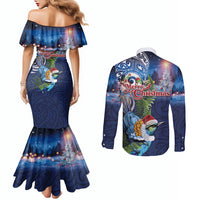 New Zealand Merry Christmas Couples Matching Mermaid Dress and Long Sleeve Button Shirt Maori Tribal Pattern with Xmas Tui Bird LT03 - Polynesian Pride