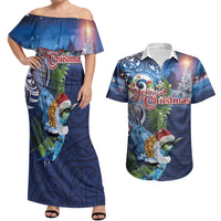 New Zealand Merry Christmas Couples Matching Off Shoulder Maxi Dress and Hawaiian Shirt Maori Tribal Pattern with Xmas Tui Bird LT03 Multicolor - Polynesian Pride