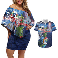 New Zealand Merry Christmas Couples Matching Off Shoulder Short Dress and Hawaiian Shirt Maori Tribal Pattern with Xmas Tui Bird LT03 Multicolor - Polynesian Pride