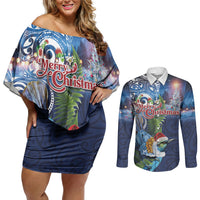 New Zealand Merry Christmas Couples Matching Off Shoulder Short Dress and Long Sleeve Button Shirt Maori Tribal Pattern with Xmas Tui Bird LT03 Multicolor - Polynesian Pride