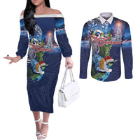 New Zealand Merry Christmas Couples Matching Off The Shoulder Long Sleeve Dress and Long Sleeve Button Shirt Maori Tribal Pattern with Xmas Tui Bird LT03 Multicolor - Polynesian Pride