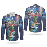 New Zealand Merry Christmas Couples Matching Off The Shoulder Long Sleeve Dress and Long Sleeve Button Shirt Maori Tribal Pattern with Xmas Tui Bird LT03 - Polynesian Pride