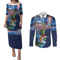 New Zealand Merry Christmas Couples Matching Puletasi and Long Sleeve Button Shirt Maori Tribal Pattern with Xmas Tui Bird LT03 Multicolor - Polynesian Pride