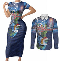 New Zealand Merry Christmas Couples Matching Short Sleeve Bodycon Dress and Long Sleeve Button Shirt Maori Tribal Pattern with Xmas Tui Bird LT03 Multicolor - Polynesian Pride