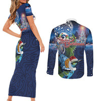 New Zealand Merry Christmas Couples Matching Short Sleeve Bodycon Dress and Long Sleeve Button Shirt Maori Tribal Pattern with Xmas Tui Bird LT03 - Polynesian Pride
