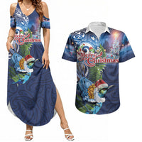 New Zealand Merry Christmas Couples Matching Summer Maxi Dress and Hawaiian Shirt Maori Tribal Pattern with Xmas Tui Bird LT03 Multicolor - Polynesian Pride