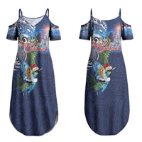 New Zealand Merry Christmas Couples Matching Summer Maxi Dress and Hawaiian Shirt Maori Tribal Pattern with Xmas Tui Bird LT03 - Polynesian Pride