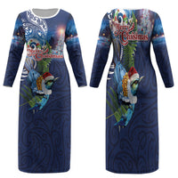 New Zealand Merry Christmas Family Matching Long Sleeve Bodycon Dress and Hawaiian Shirt Maori Tribal Pattern with Xmas Tui Bird LT03 Mom's Dress Multicolor - Polynesian Pride