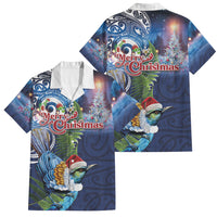 New Zealand Merry Christmas Family Matching Long Sleeve Bodycon Dress and Hawaiian Shirt Maori Tribal Pattern with Xmas Tui Bird LT03 Dad's Shirt - Short Sleeve Multicolor - Polynesian Pride