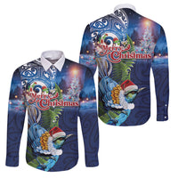 New Zealand Merry Christmas Family Matching Long Sleeve Bodycon Dress and Hawaiian Shirt Maori Tribal Pattern with Xmas Tui Bird LT03 Dad's Shirt - Long Sleeve Multicolor - Polynesian Pride