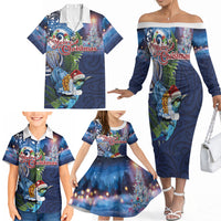 New Zealand Merry Christmas Family Matching Off The Shoulder Long Sleeve Dress and Hawaiian Shirt Maori Tribal Pattern with Xmas Tui Bird LT03 - Polynesian Pride