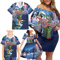 New Zealand Merry Christmas Family Matching Off Shoulder Short Dress and Hawaiian Shirt Maori Tribal Pattern with Xmas Tui Bird LT03 - Polynesian Pride