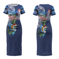 New Zealand Merry Christmas Family Matching Short Sleeve Bodycon Dress and Hawaiian Shirt Maori Tribal Pattern with Xmas Tui Bird LT03 Mom's Dress Multicolor - Polynesian Pride