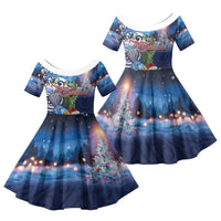 New Zealand Merry Christmas Family Matching Short Sleeve Bodycon Dress and Hawaiian Shirt Maori Tribal Pattern with Xmas Tui Bird LT03 Daughter's Dress Multicolor - Polynesian Pride