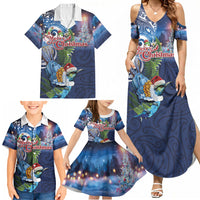 New Zealand Merry Christmas Family Matching Summer Maxi Dress and Hawaiian Shirt Maori Tribal Pattern with Xmas Tui Bird LT03 - Polynesian Pride