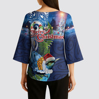 New Zealand Merry Christmas Kimono Sleeve Blouse Maori Tribal Pattern with Xmas Tui Bird