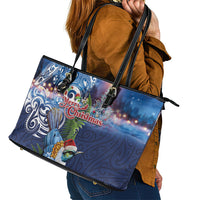 New Zealand Merry Christmas Leather Tote Bag Maori Tribal Pattern with Xmas Tui Bird