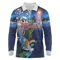 New Zealand Merry Christmas Long Sleeve Polo Shirt Maori Tribal Pattern with Xmas Tui Bird LT03 Multicolor - Polynesian Pride
