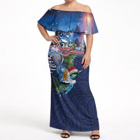 New Zealand Merry Christmas Off Shoulder Maxi Dress Maori Tribal Pattern with Xmas Tui Bird LT03 Women Multicolor - Polynesian Pride