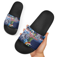 New Zealand Merry Christmas Slide Sandals Maori Tribal Pattern with Xmas Tui Bird