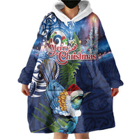 New Zealand Merry Christmas Wearable Blanket Hoodie Maori Tribal Pattern with Xmas Tui Bird LT03 - Polynesian Pride