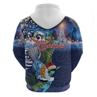 New Zealand Merry Christmas Zip Hoodie Maori Tribal Pattern with Xmas Tui Bird