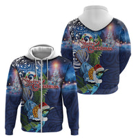 New Zealand Merry Christmas Zip Hoodie Maori Tribal Pattern with Xmas Tui Bird