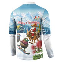 New Zealand and Australia Merry Christmas Button Sweatshirt Kiwi Birds Skiing and Koala Santa Riding Kangaroo