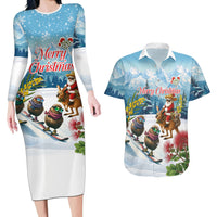 New Zealand and Australia Merry Christmas Couples Matching Long Sleeve Bodycon Dress and Hawaiian Shirt Kiwi Birds Skiing and Koala Santa Riding Kangaroo LT03 Multicolor - Polynesian Pride