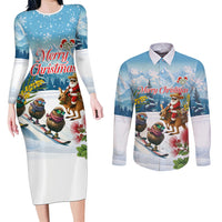 New Zealand and Australia Merry Christmas Couples Matching Long Sleeve Bodycon Dress and Long Sleeve Button Shirt Kiwi Birds Skiing and Koala Santa Riding Kangaroo LT03 Multicolor - Polynesian Pride