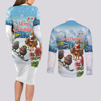 New Zealand and Australia Merry Christmas Couples Matching Long Sleeve Bodycon Dress and Long Sleeve Button Shirt Kiwi Birds Skiing and Koala Santa Riding Kangaroo LT03 - Polynesian Pride