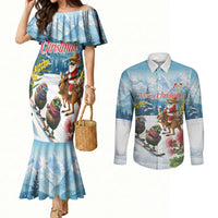 New Zealand and Australia Merry Christmas Couples Matching Mermaid Dress and Long Sleeve Button Shirt Kiwi Birds Skiing and Koala Santa Riding Kangaroo LT03 Multicolor - Polynesian Pride