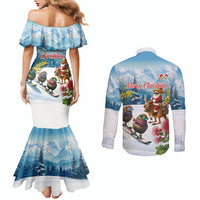 New Zealand and Australia Merry Christmas Couples Matching Mermaid Dress and Long Sleeve Button Shirt Kiwi Birds Skiing and Koala Santa Riding Kangaroo LT03 - Polynesian Pride