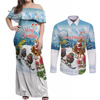 New Zealand and Australia Merry Christmas Couples Matching Off Shoulder Maxi Dress and Long Sleeve Button Shirt Kiwi Birds Skiing and Koala Santa Riding Kangaroo LT03 Multicolor - Polynesian Pride