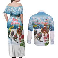 New Zealand and Australia Merry Christmas Couples Matching Off Shoulder Maxi Dress and Long Sleeve Button Shirt Kiwi Birds Skiing and Koala Santa Riding Kangaroo LT03 - Polynesian Pride