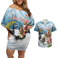 New Zealand and Australia Merry Christmas Couples Matching Off Shoulder Short Dress and Hawaiian Shirt Kiwi Birds Skiing and Koala Santa Riding Kangaroo LT03 Multicolor - Polynesian Pride