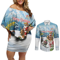New Zealand and Australia Merry Christmas Couples Matching Off Shoulder Short Dress and Long Sleeve Button Shirt Kiwi Birds Skiing and Koala Santa Riding Kangaroo LT03 Multicolor - Polynesian Pride