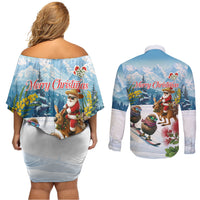 New Zealand and Australia Merry Christmas Couples Matching Off Shoulder Short Dress and Long Sleeve Button Shirt Kiwi Birds Skiing and Koala Santa Riding Kangaroo LT03 - Polynesian Pride