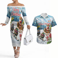 New Zealand and Australia Merry Christmas Couples Matching Off The Shoulder Long Sleeve Dress and Hawaiian Shirt Kiwi Birds Skiing and Koala Santa Riding Kangaroo LT03 Multicolor - Polynesian Pride