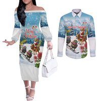 New Zealand and Australia Merry Christmas Couples Matching Off The Shoulder Long Sleeve Dress and Long Sleeve Button Shirt Kiwi Birds Skiing and Koala Santa Riding Kangaroo LT03 Multicolor - Polynesian Pride