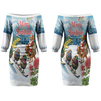 New Zealand and Australia Merry Christmas Couples Matching Off The Shoulder Long Sleeve Dress and Long Sleeve Button Shirt Kiwi Birds Skiing and Koala Santa Riding Kangaroo LT03 - Polynesian Pride