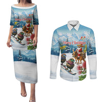 New Zealand and Australia Merry Christmas Couples Matching Puletasi and Long Sleeve Button Shirt Kiwi Birds Skiing and Koala Santa Riding Kangaroo LT03 Multicolor - Polynesian Pride