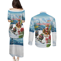 New Zealand and Australia Merry Christmas Couples Matching Puletasi and Long Sleeve Button Shirt Kiwi Birds Skiing and Koala Santa Riding Kangaroo LT03 - Polynesian Pride