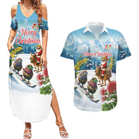 New Zealand and Australia Merry Christmas Couples Matching Summer Maxi Dress and Hawaiian Shirt Kiwi Birds Skiing and Koala Santa Riding Kangaroo LT03 Multicolor - Polynesian Pride