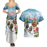 New Zealand and Australia Merry Christmas Couples Matching Summer Maxi Dress and Hawaiian Shirt Kiwi Birds Skiing and Koala Santa Riding Kangaroo LT03 - Polynesian Pride