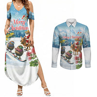 New Zealand and Australia Merry Christmas Couples Matching Summer Maxi Dress and Long Sleeve Button Shirt Kiwi Birds Skiing and Koala Santa Riding Kangaroo LT03 Multicolor - Polynesian Pride